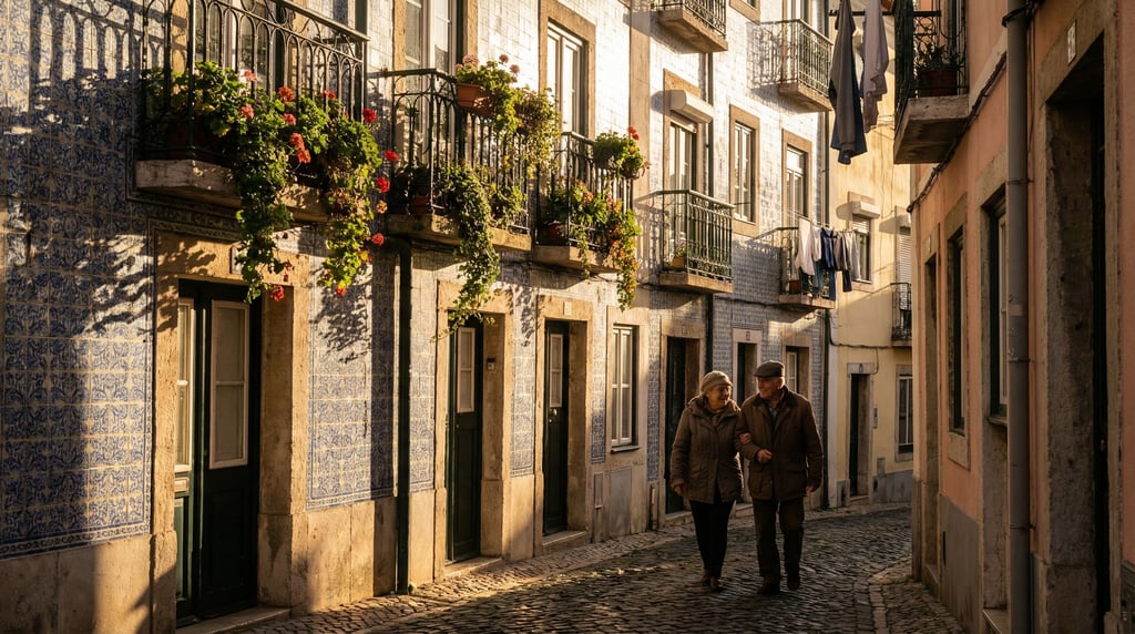 Narrow Lisbon tiled backstreet with wrought iron balconies with hanging plants, late afternoon