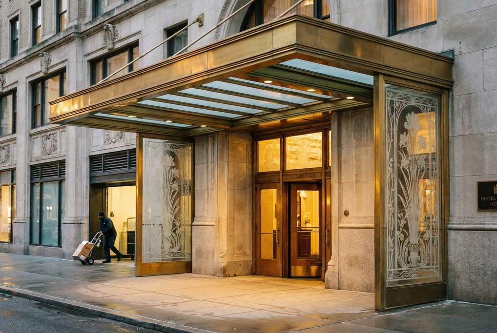 Canopied hotel entrance with polished brass, etched glass panels flanking the entrance, dawn