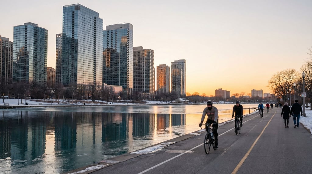 City lakefront path lined with modern glass buildings along the waterfront, golden hour
