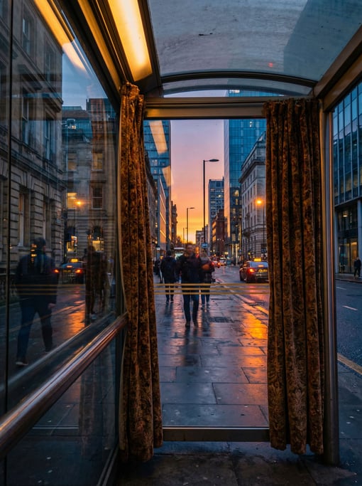 Looking out through a bus shelter glass panel at a cosmopolitan city street
