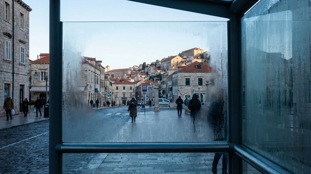 View through a bus shelter glass panel overlooking a Mediterranean cityscape at early morning