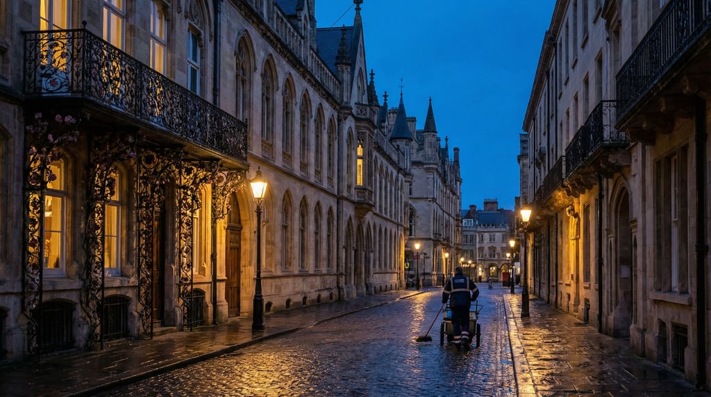 Grand Gothic revival boulevard with elaborate wrought-iron balcony railings with floral motifs