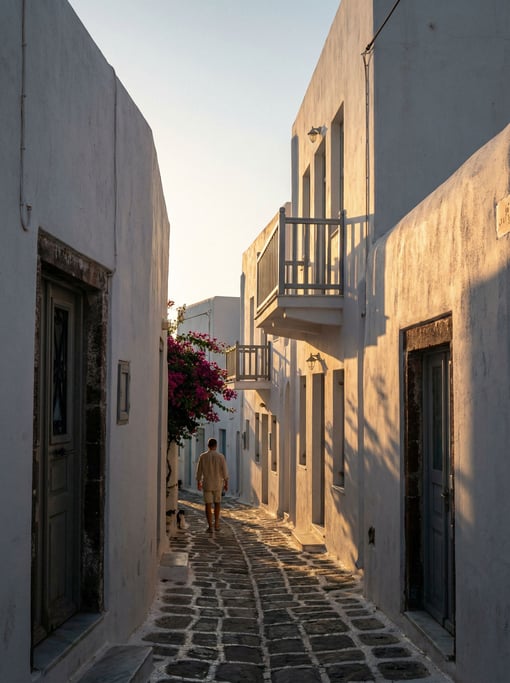 Narrow Greek island whitewashed lane with tall buildings on both sides creating a canyon of light an