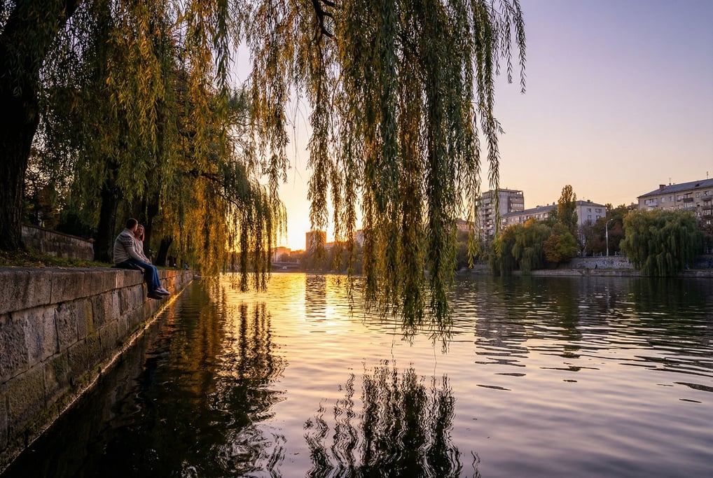 City river embankment lined with weeping willows hanging over the water edge, sunset