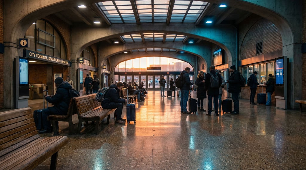 Bus station at dawn, worn terrazzo floor and wooden benches