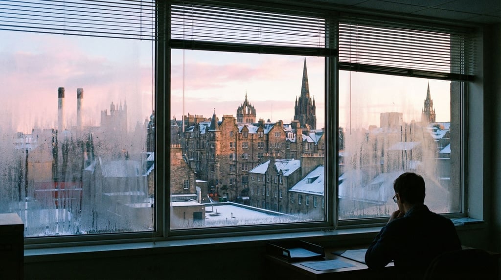 View through a office window with venetian blinds partially open overlooking a historic cityscape at