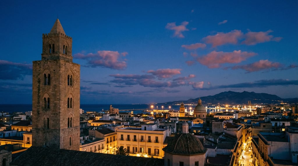 Sweeping panoramic view of a Mediterranean low-rise city skyline at dusk