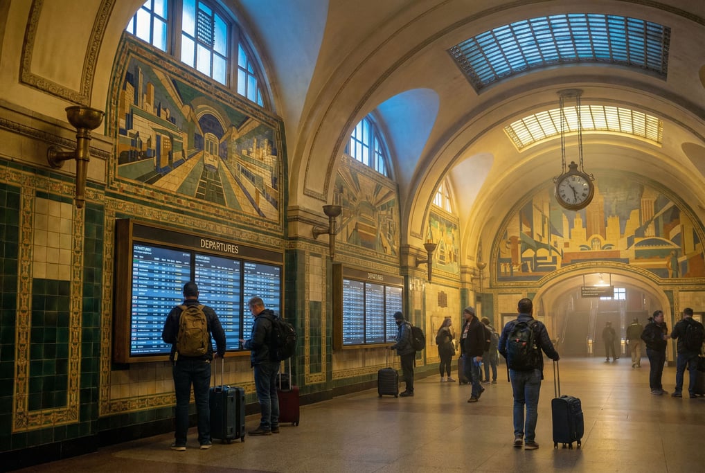 Bus station at dawn, art deco tile murals on the walls