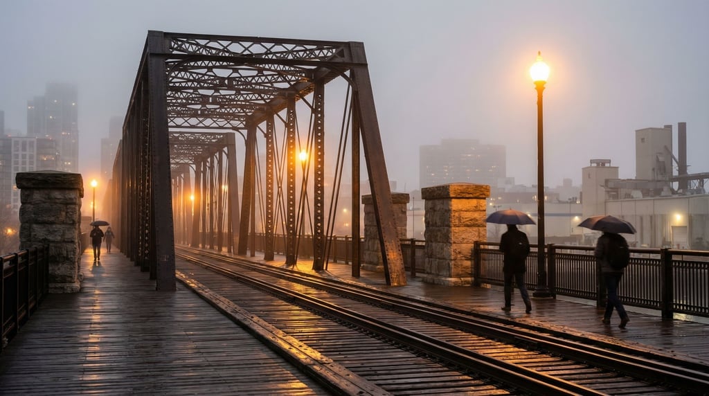 Railroad bridge converted to a walking path at late afternoon