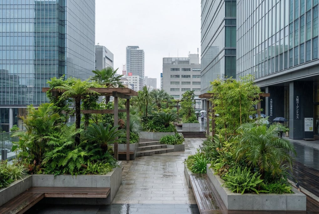 Public garden terrace between skyscrapers in a Osaka