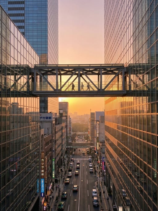 Elevated walkway between glass towers in a Tokyo