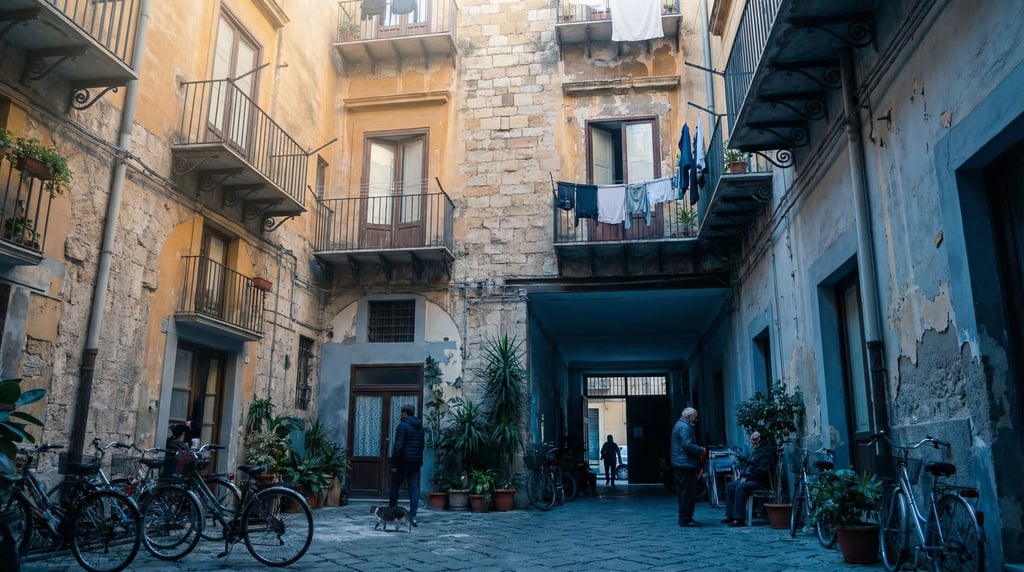 Looking up through a courtyard of a Sicilian palazzo, bicycles stored in the ground floor corridor