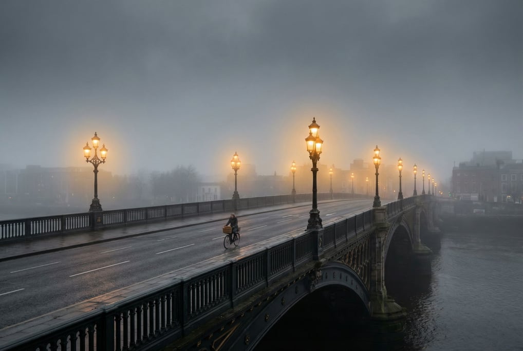 Cast iron Victorian bridge at misty morning, warm streetlights creating halos in fog