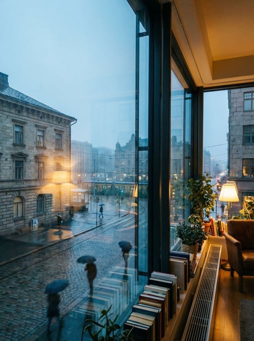 Looking out through a large floor-to-ceiling apartment window at a northern European city street