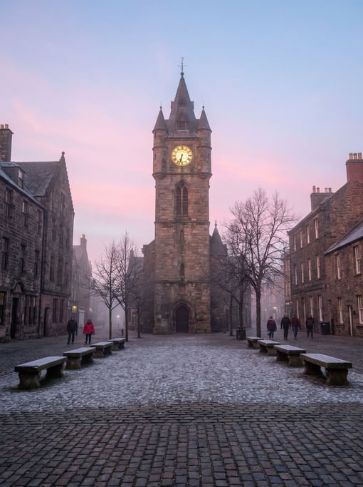 Market square with a historic clock tower in a European city