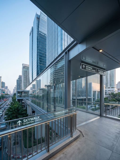 Elevated walkway between glass towers in a Bangkok