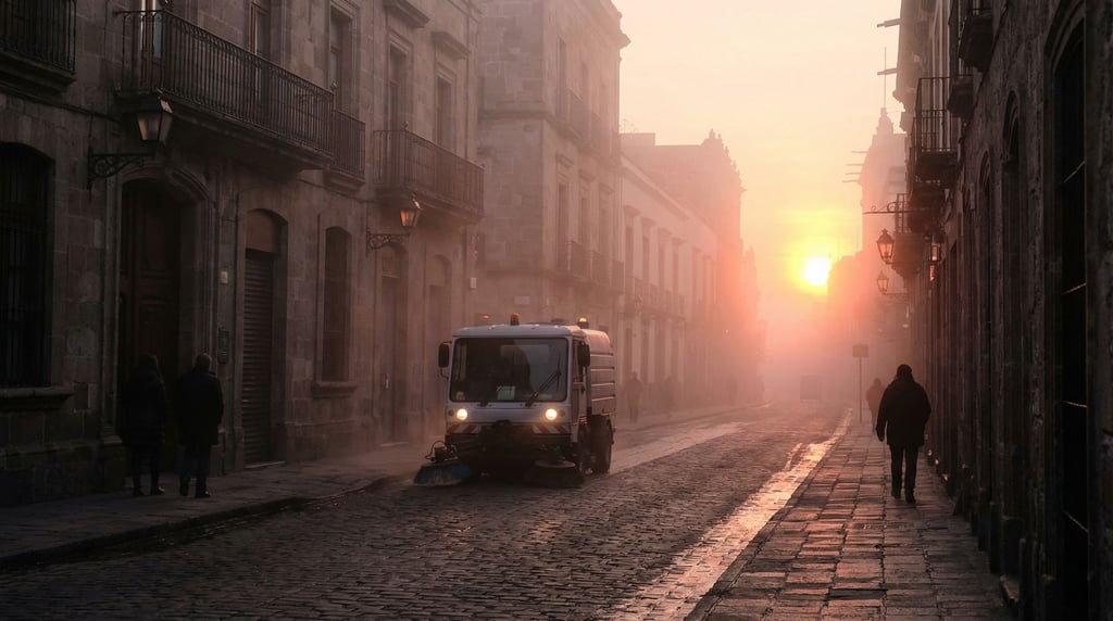 Historic city street in atmospheric haze, warm haze softening distant elements and adding depth