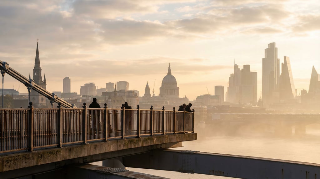 Distant city skyline seen from a bridge pedestrian walkway
