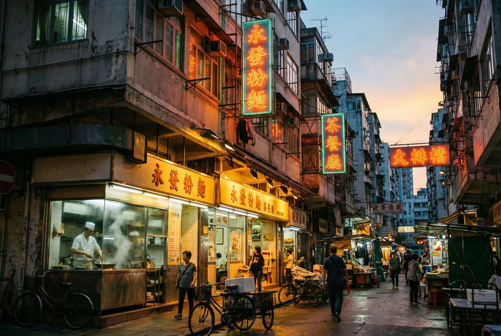 Narrow Hong Kong tong lau neighborhood street with vertical signage in local script on narrow buildi