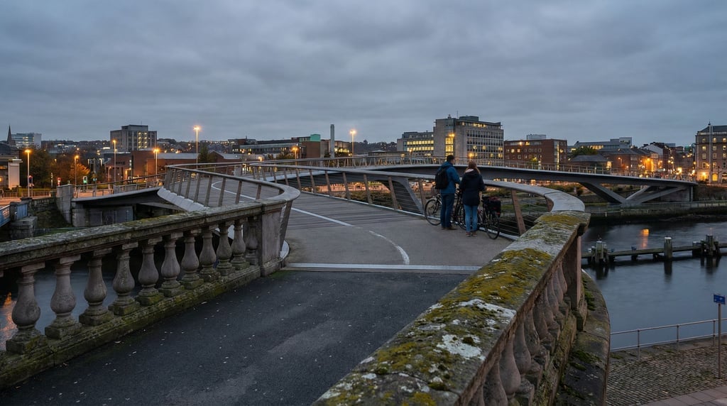 Sleek contemporary cycling bridge at dusk, stone balustrades with weathered moss