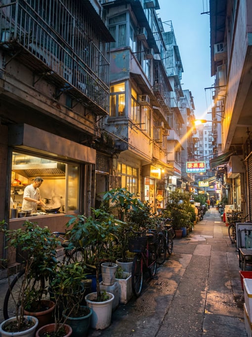 Narrow Hong Kong tong lau neighborhood street with potted plants and bicycles lining the narrow side