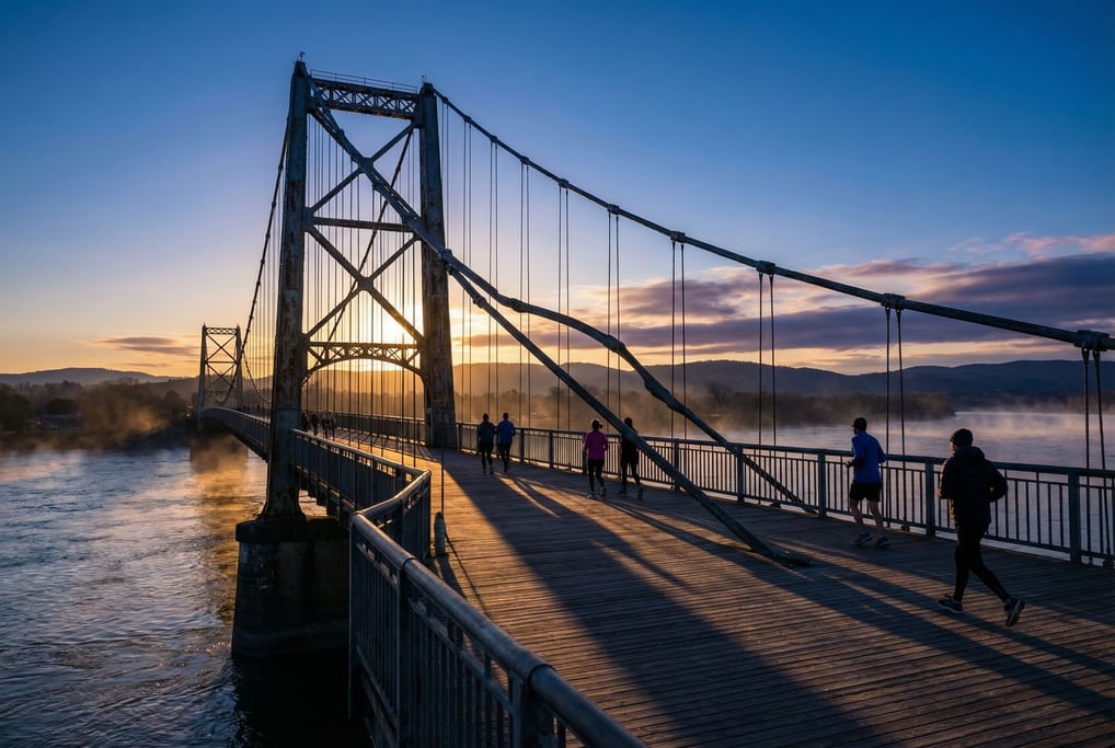 Suspension bridge spanning a wide river on a clear day