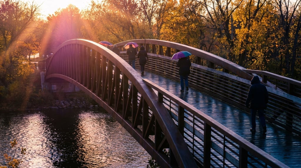 Sleek contemporary cycling bridge on a crisp autumn day