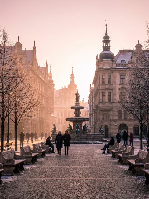 Grand stone piazza with a central fountain in a European city