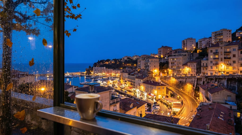 View through a bus shelter glass panel overlooking a Mediterranean cityscape at blue hour