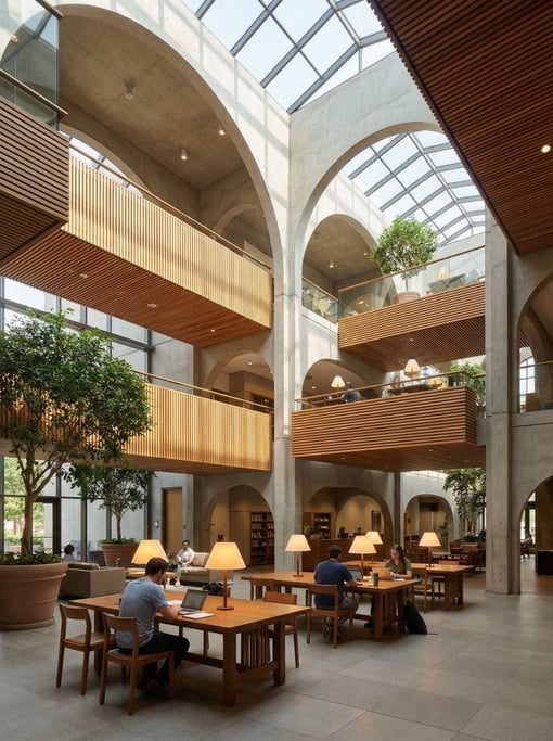 Soaring atrium with floating walkways inside a civic center