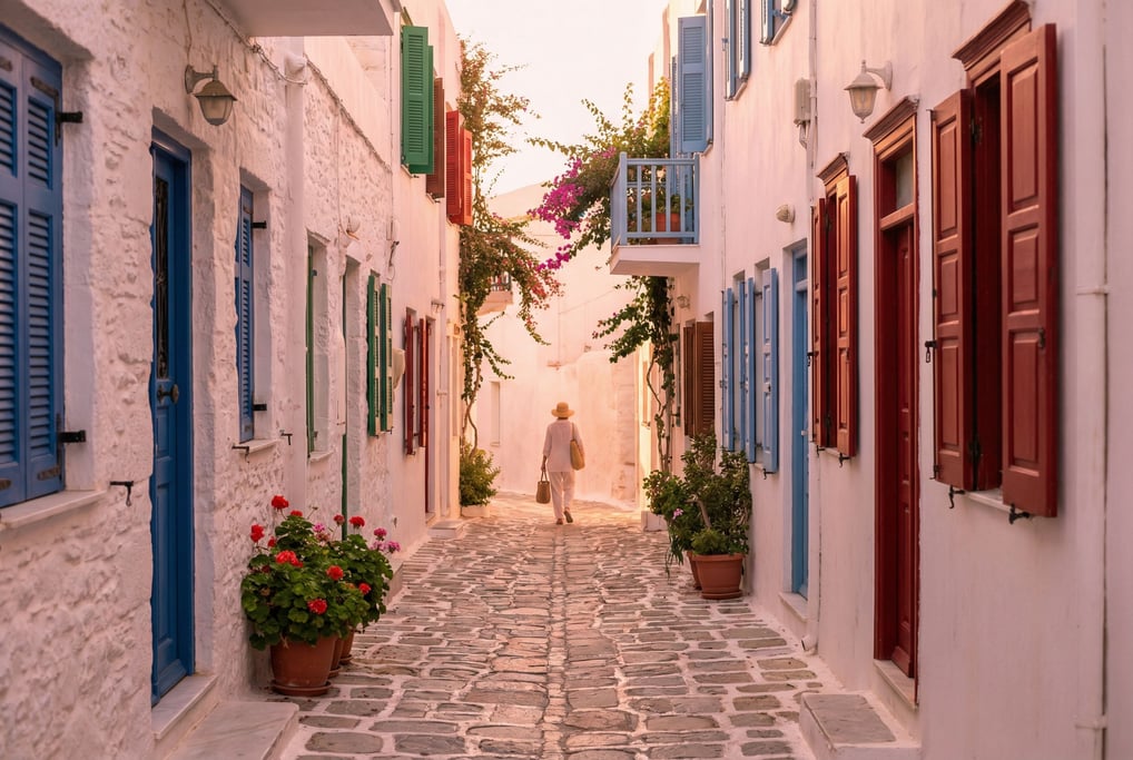 Narrow Greek island whitewashed lane with colorful shuttered windows at different heights, sunset