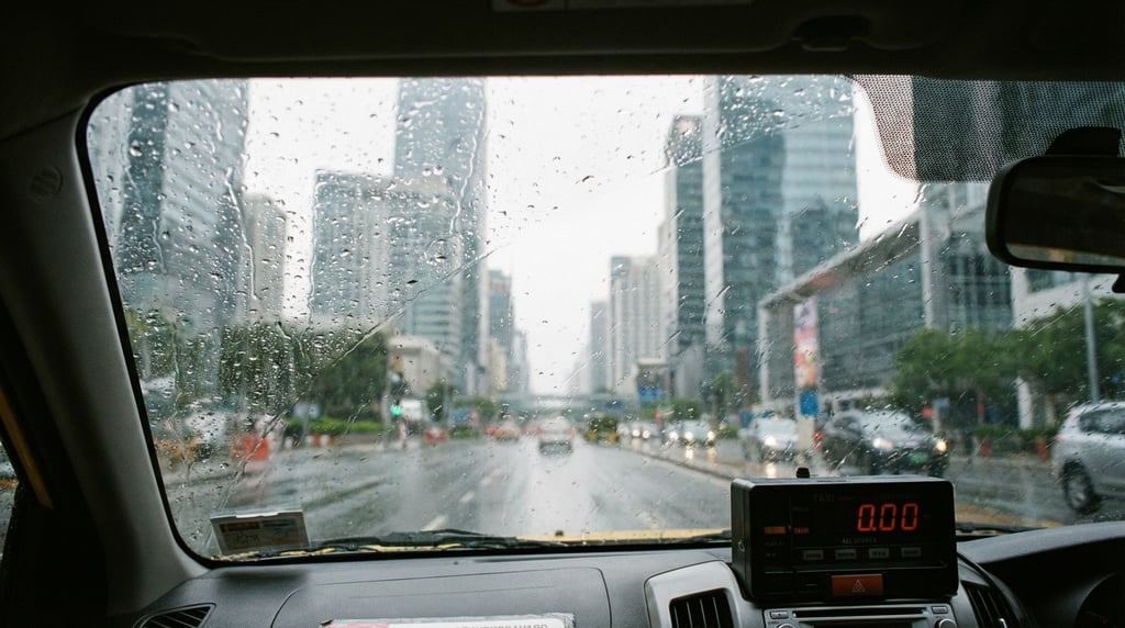 View through a rain-streaked taxi window overlooking a modern cityscape at overcast midday