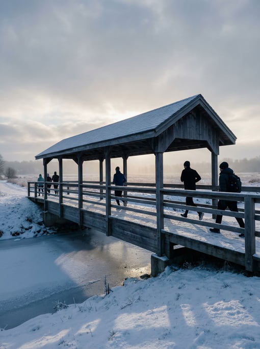 Covered wooden footbridge in winter light, low sun angle creating long shadows and cold blue sky