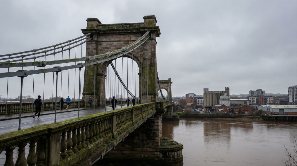 Suspension bridge spanning a wide river at overcast midday, stone balustrades with weathered moss