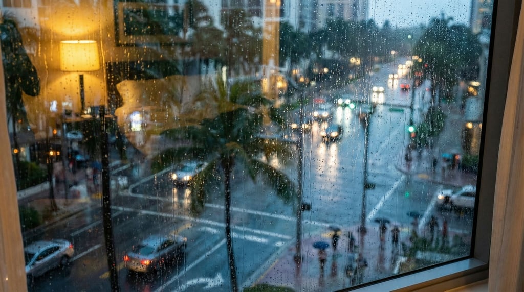 Looking out through a hotel room window on a high floor at a tropical city street