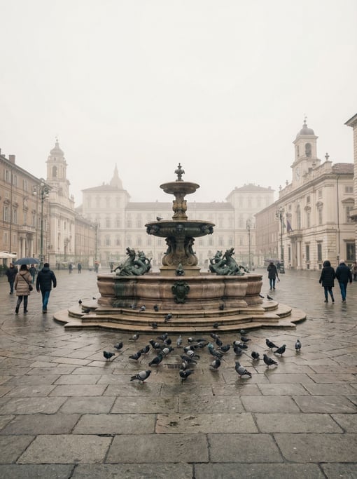 Grand stone piazza with a central fountain in a European city, pigeons gathered near the fountain