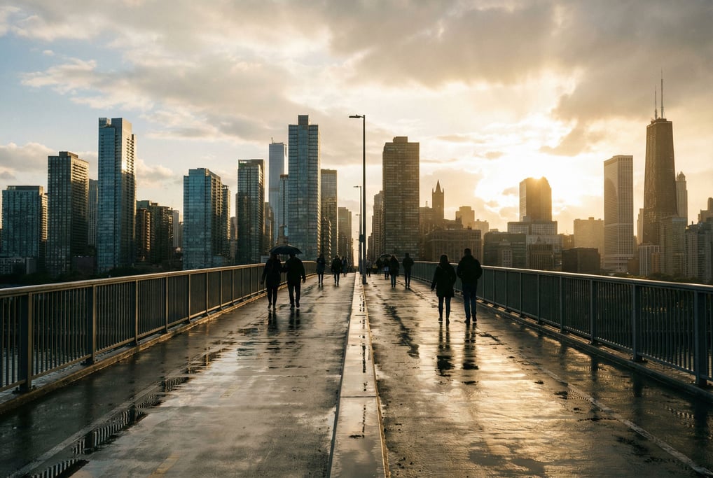 Distant city skyline seen from a bridge pedestrian walkway