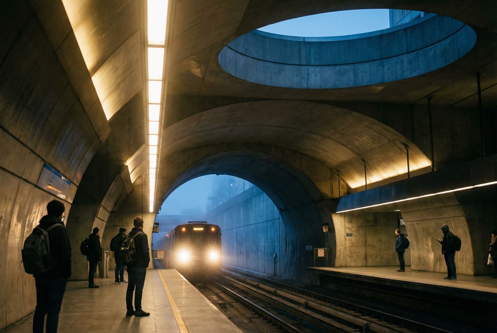 Elevated train platform, polished concrete walls and dramatic recessed lighting