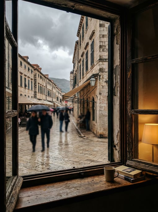 Looking out through a old wooden-frame window in a historic building at a Mediterranean city street