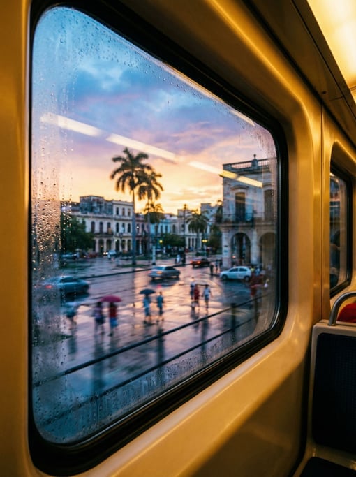 Looking out through a train window speeding past the city at a tropical city street