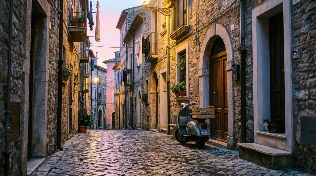 Narrow winding Italian vicolo with cobblestones wet from recent rain reflecting warm light, dawn