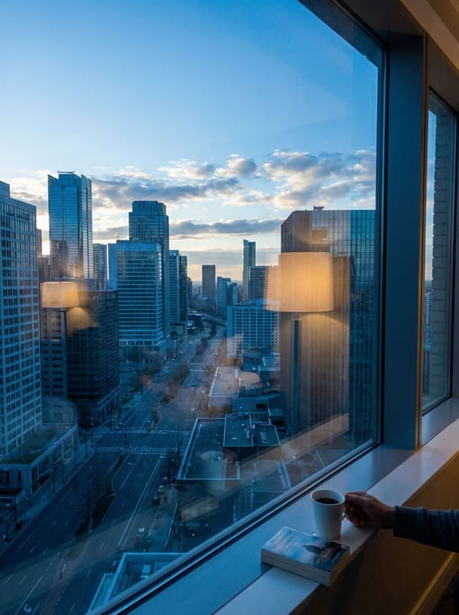 View through a hotel room window on a high floor overlooking a modern cityscape at early morning