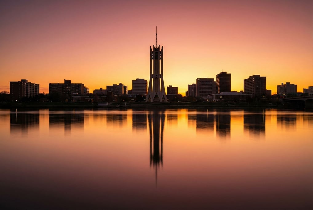 Mid-century modern city skyline reflected in a calm river at sunset