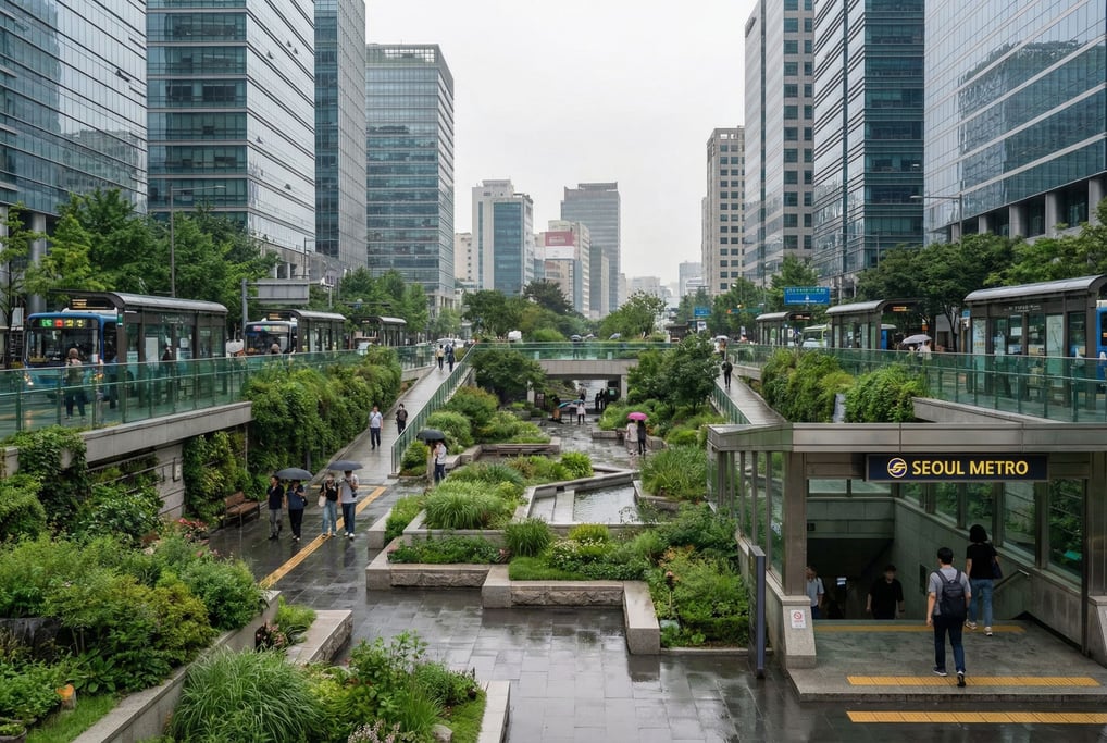 Public garden terrace between skyscrapers in a Seoul