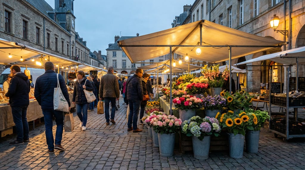 Flea market in a cobblestone square with fresh flowers in tin buckets