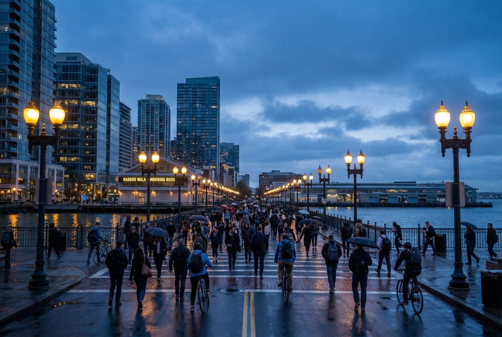 Busy pedestrian crossing during morning rush on a waterfront promenade in a modern city, blue hour