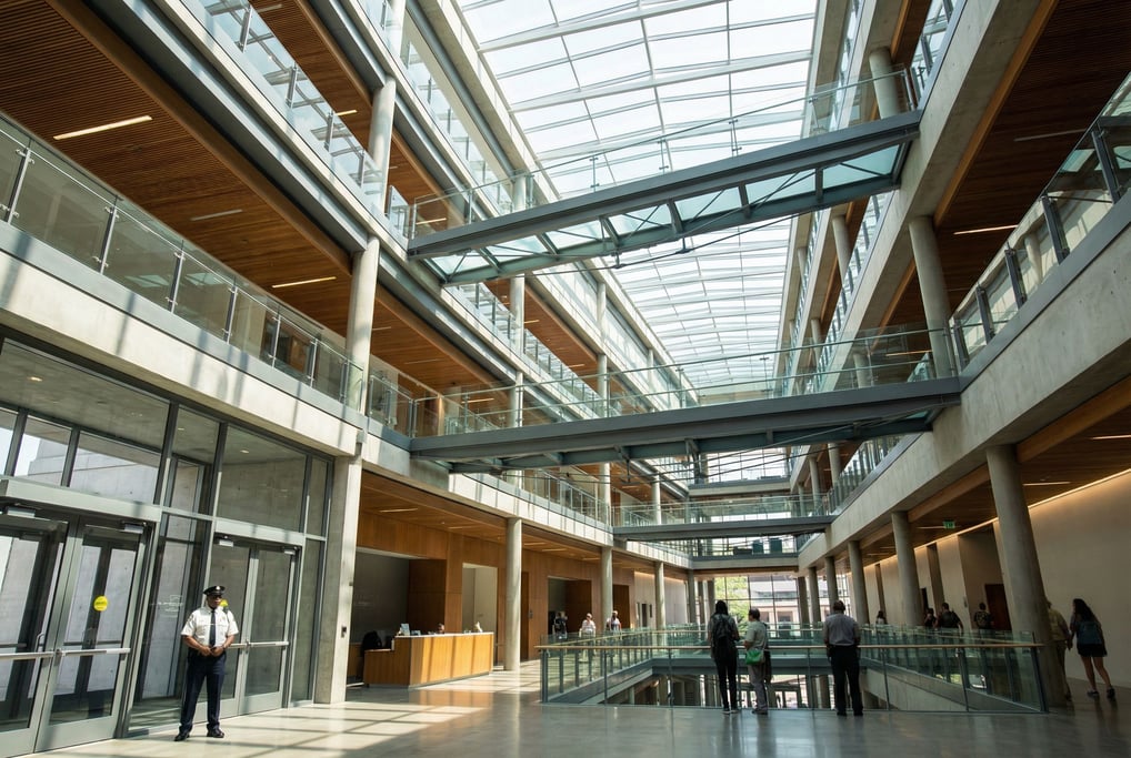 Soaring atrium with floating walkways inside a civic center