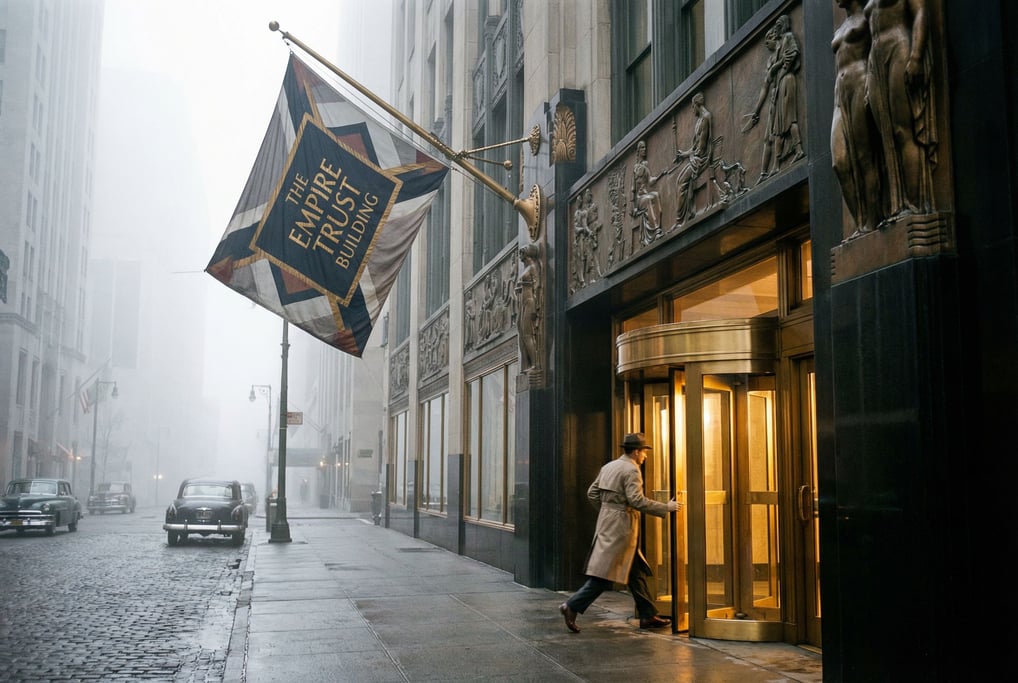 Ornate art deco building entrance with brass revolving door, a flag or banner hanging from above