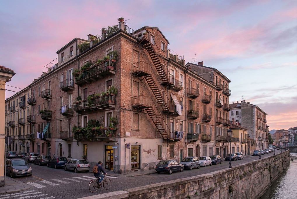 Riverside apartment buildings with balconies in a Mediterranean neighborhood