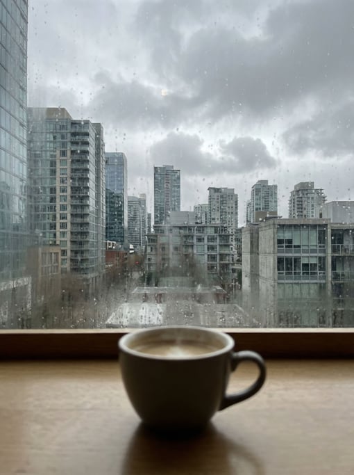 View through a café window with slight condensation overlooking a modern cityscape at overcast midda